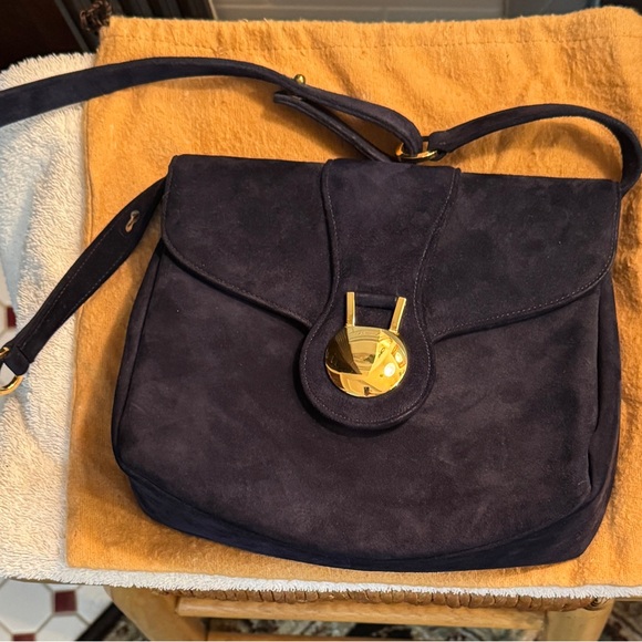 Vintage Saks Fifth Avenue Blue Suede Shoulder Bag with Gold-Tone Hardware - Picture 1 of 7